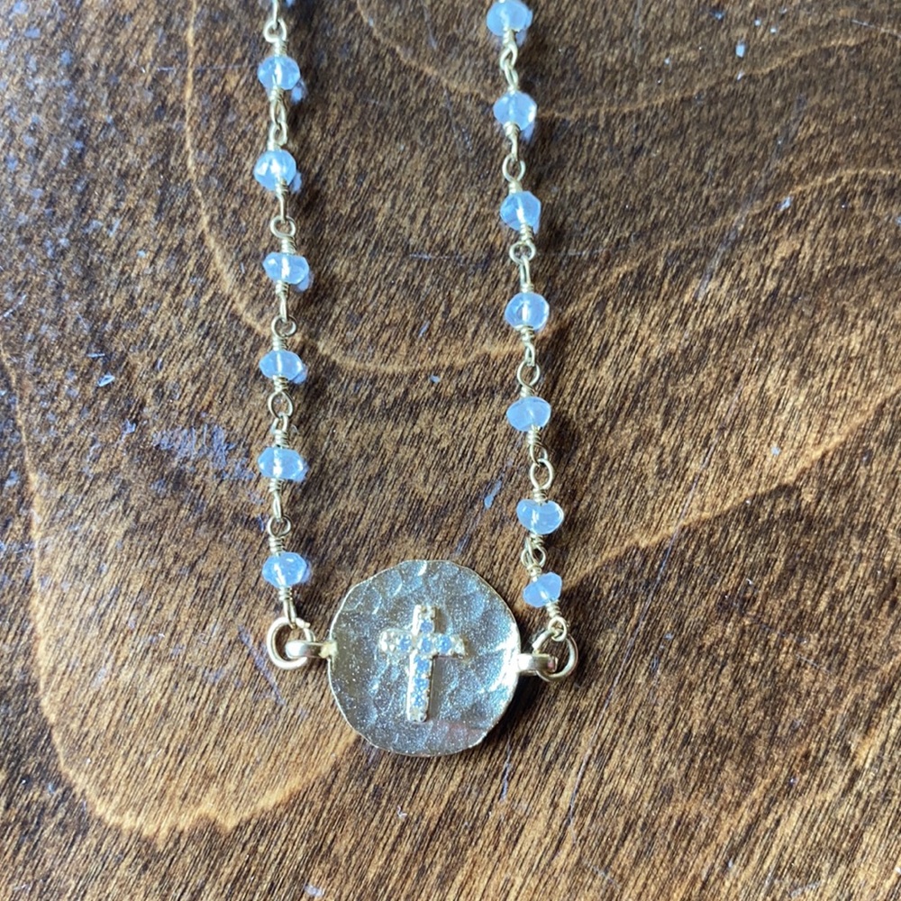 Moonstone Rosary and CZ Cross Necklace NWT